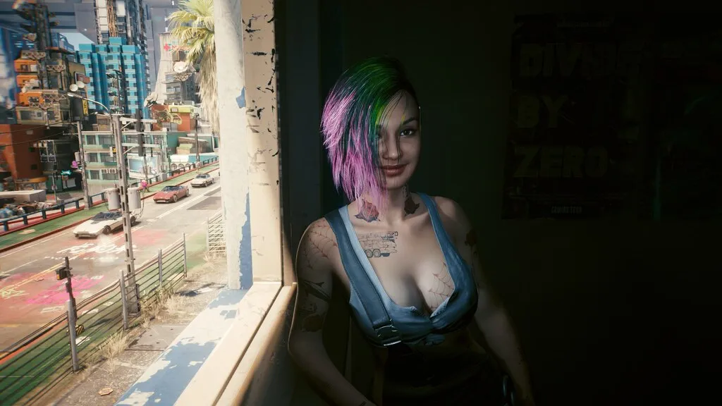 Judy Alvarez smiling by a window over a Night City street