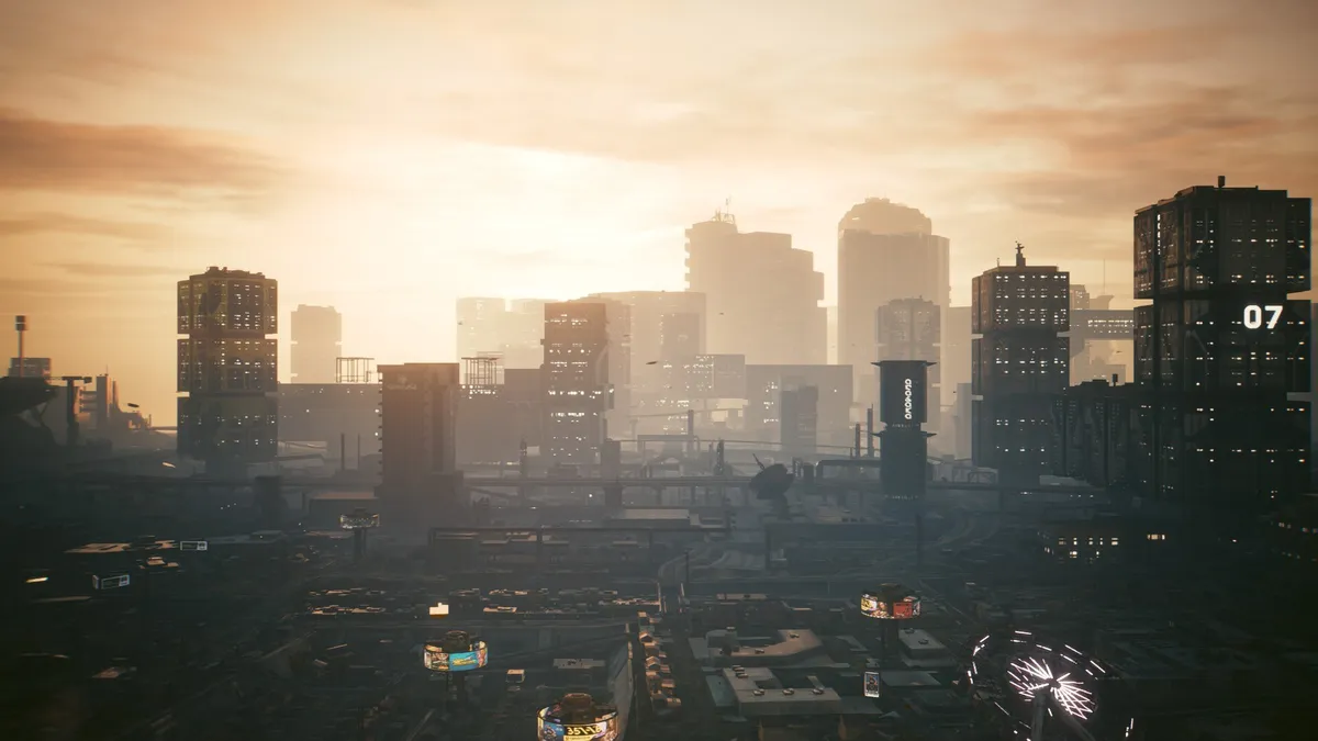 Night City skyline at dawn