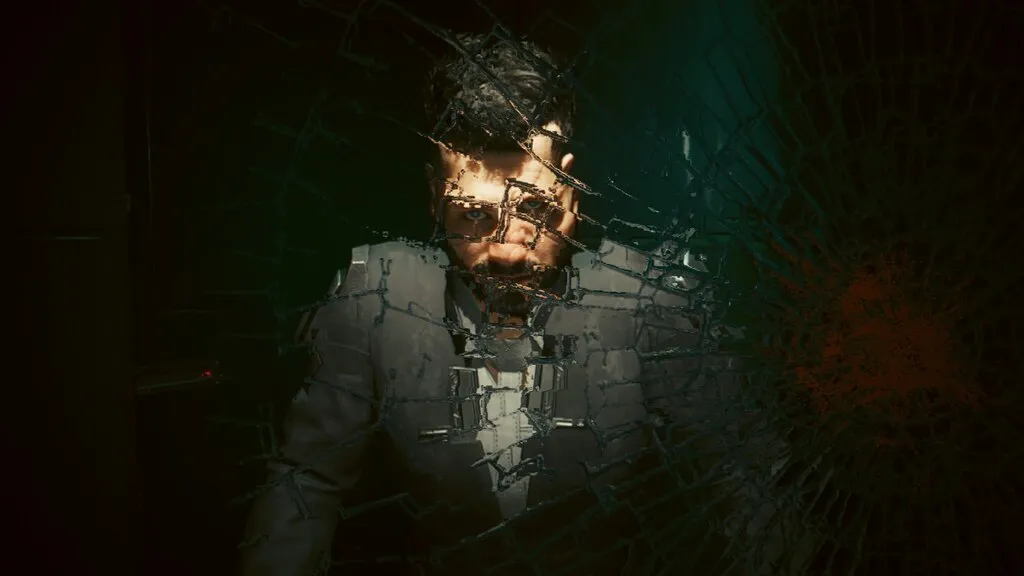 A man staring through bullet cracked glass after a job gone wrong