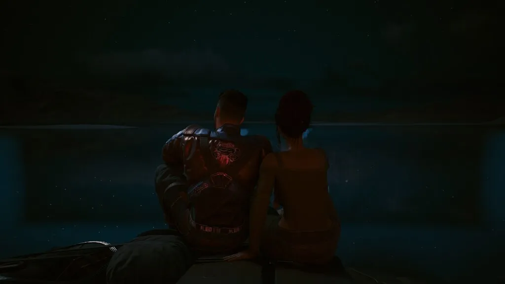V and a companion looking out over a dark lake
