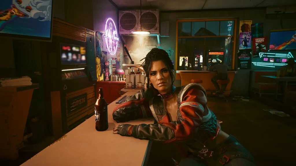 Panam at a neon lit bar in Night City