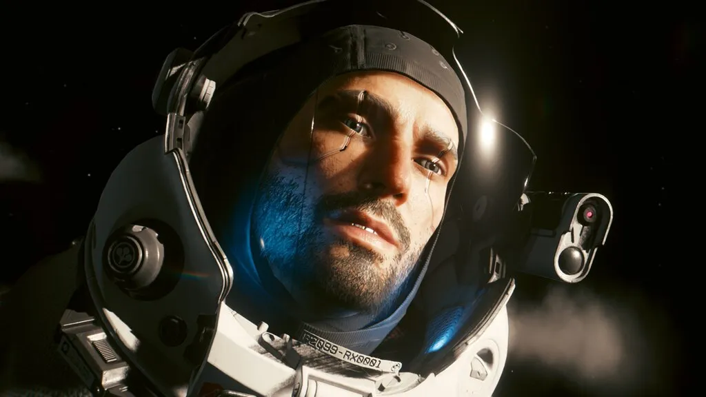 V in a spacesuit against open space
