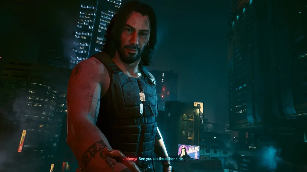 Johnny Silverhand on a rooftop over Night City