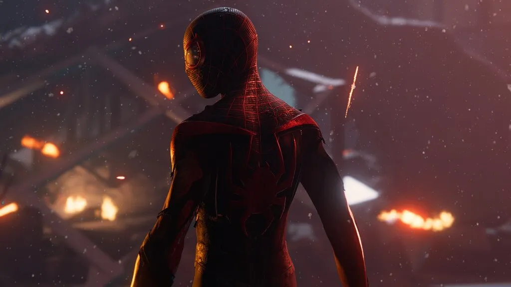 Miles Morales standing amid fire and embers