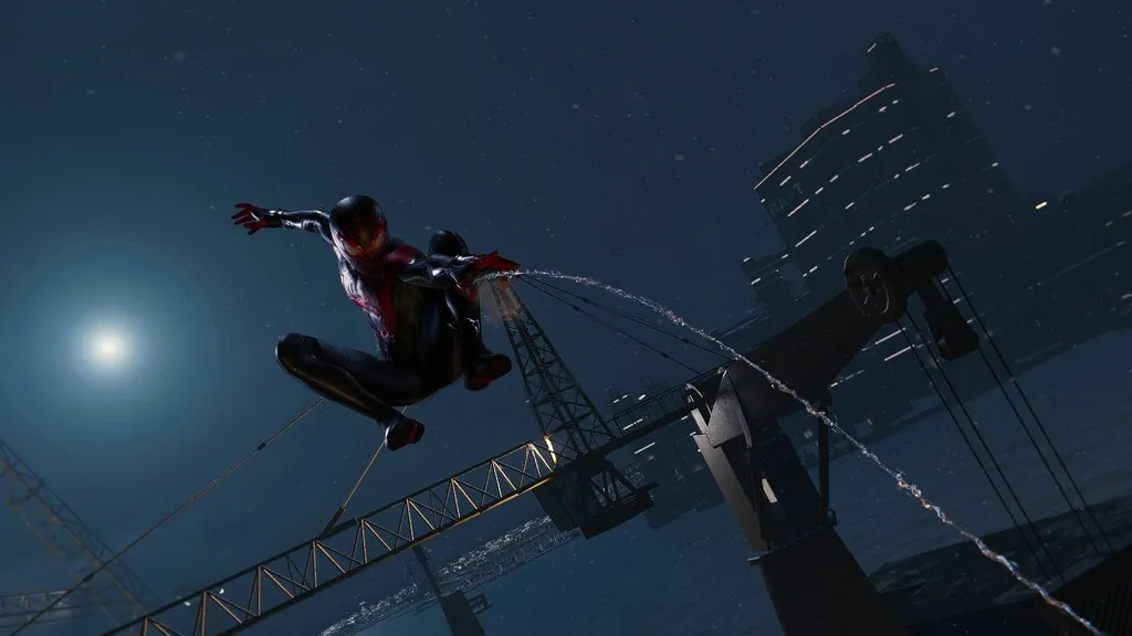 Miles Morales web swinging over the water at night