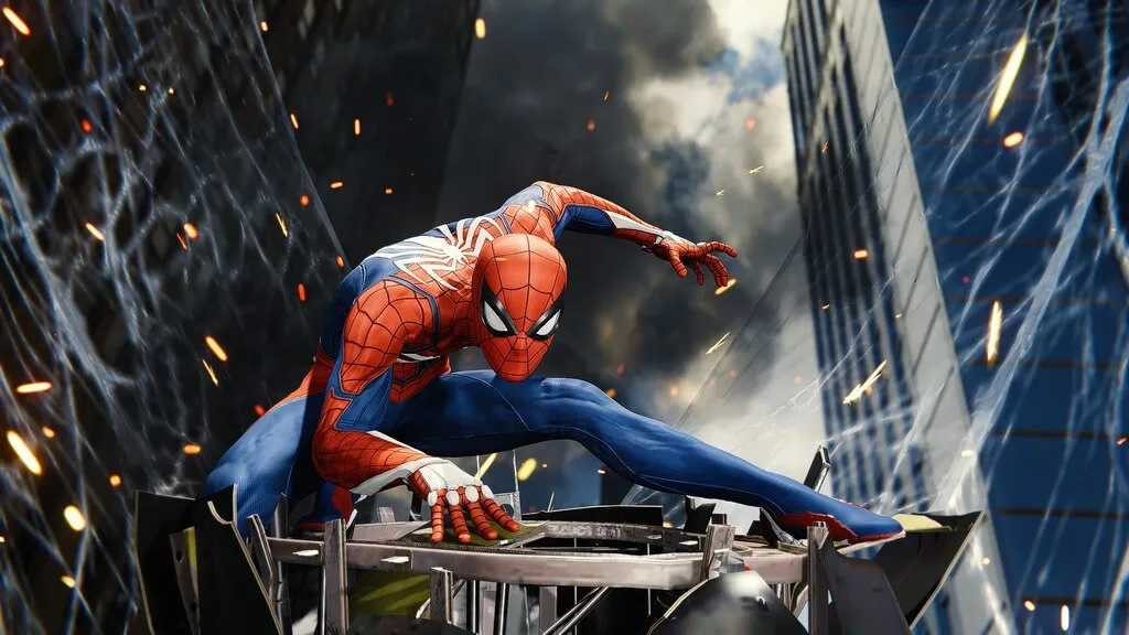 Spider-Man mid fight on a rooftop