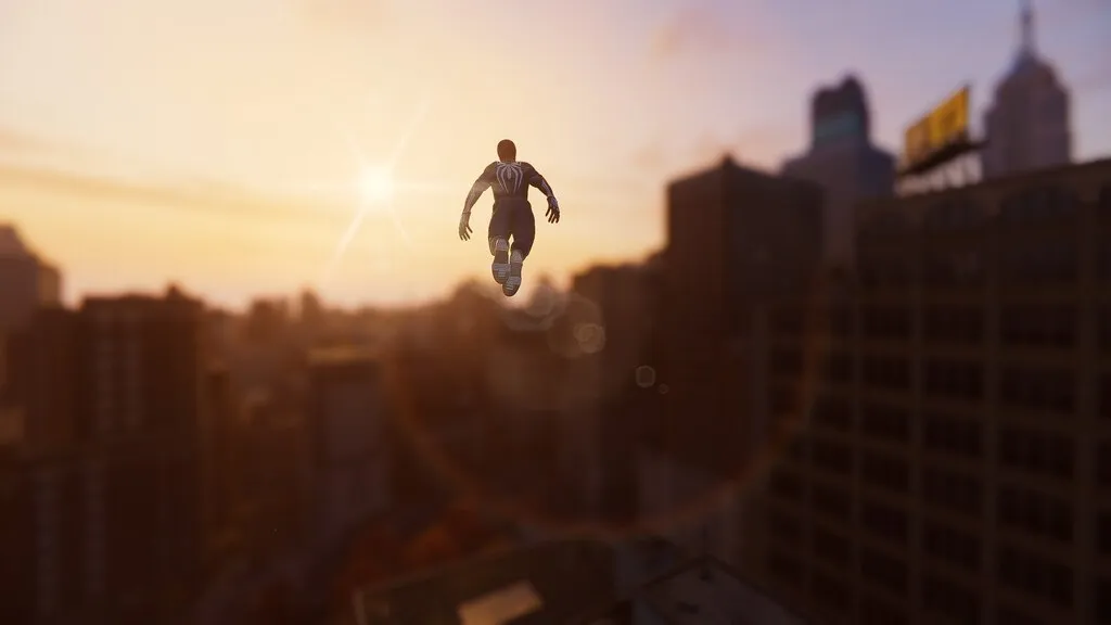 Peter Parker diving through the city at sunset